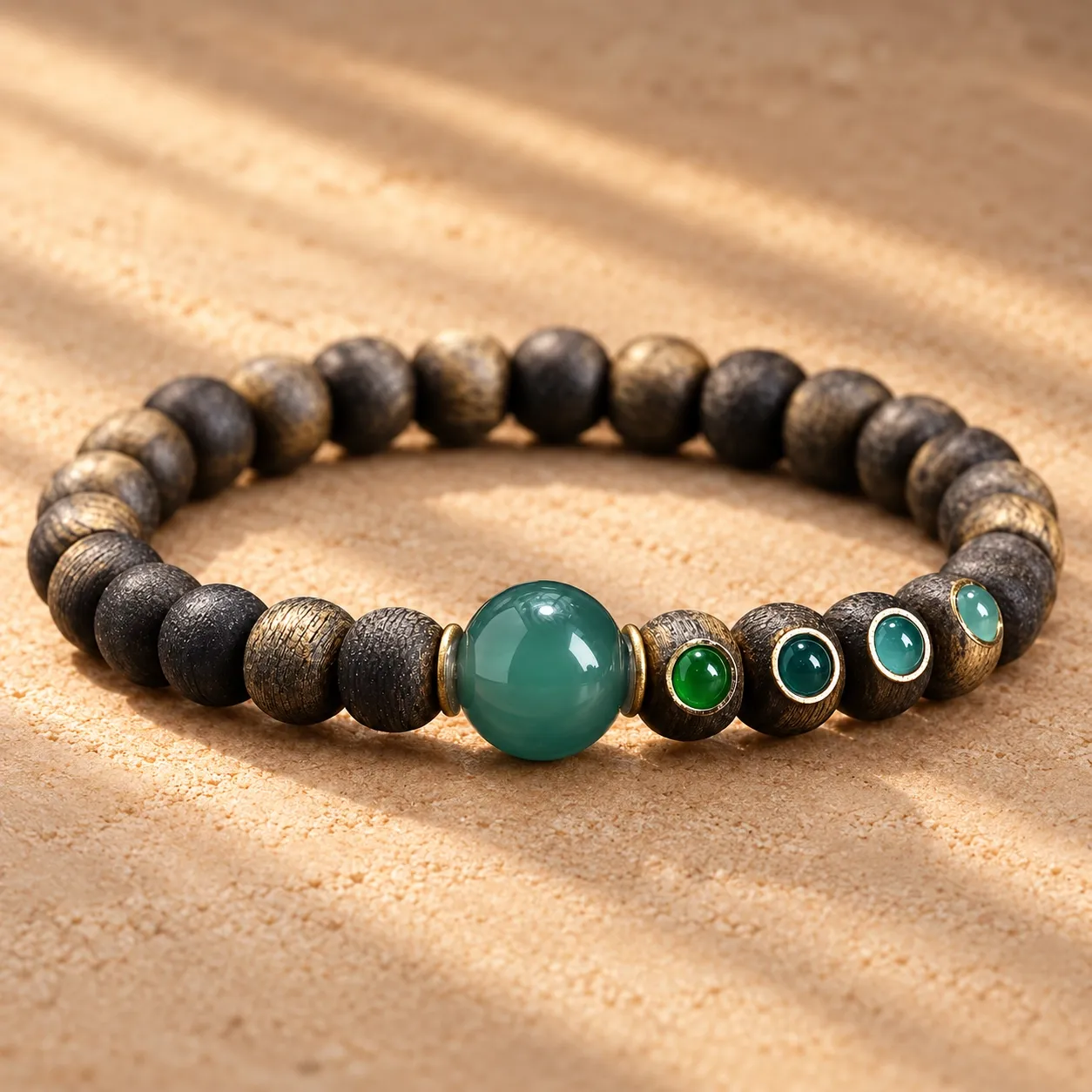 A bracelet of dark beads with a round green jade bead at its centre