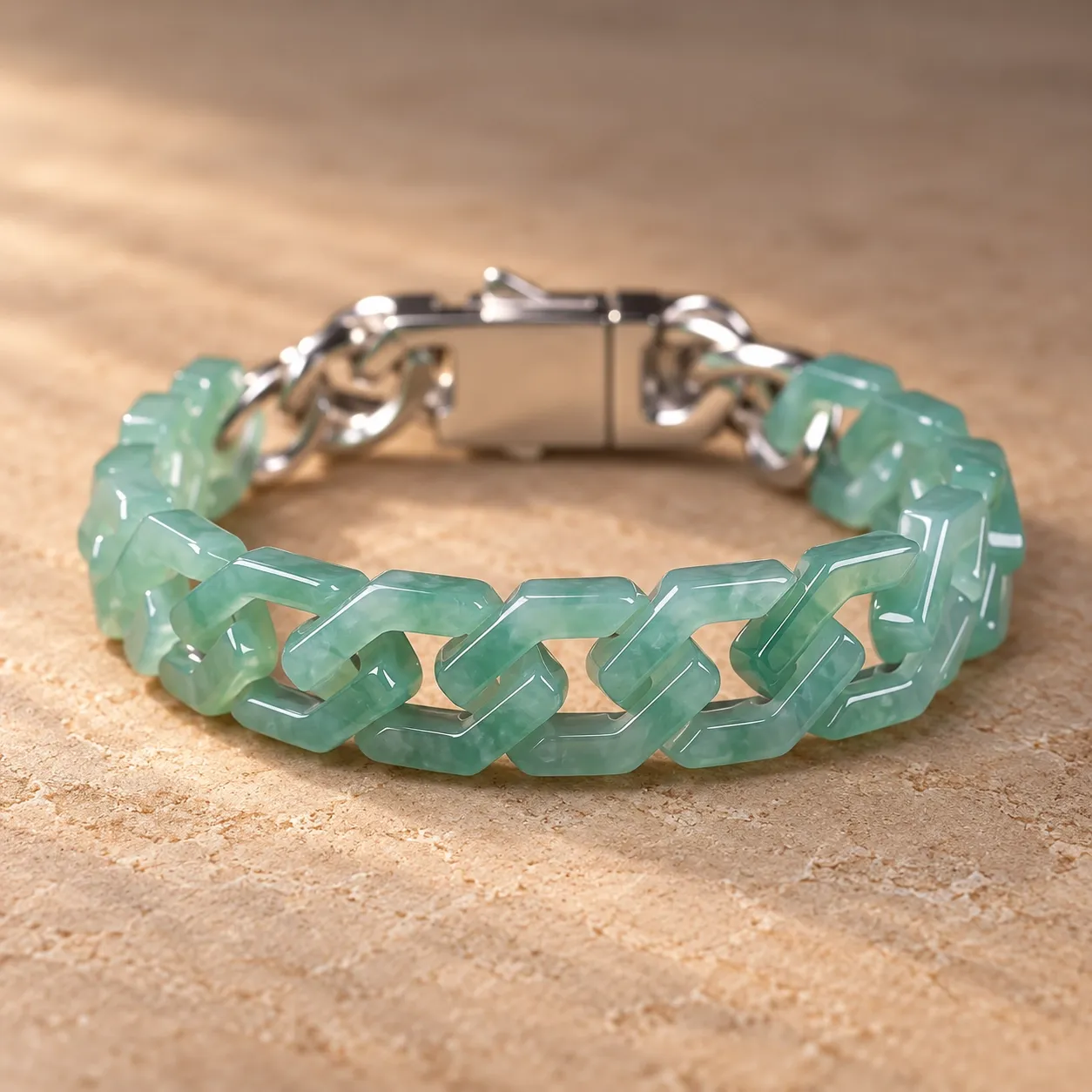 A chain bracelet of wide pale green jade links with a silver-plated clasp
