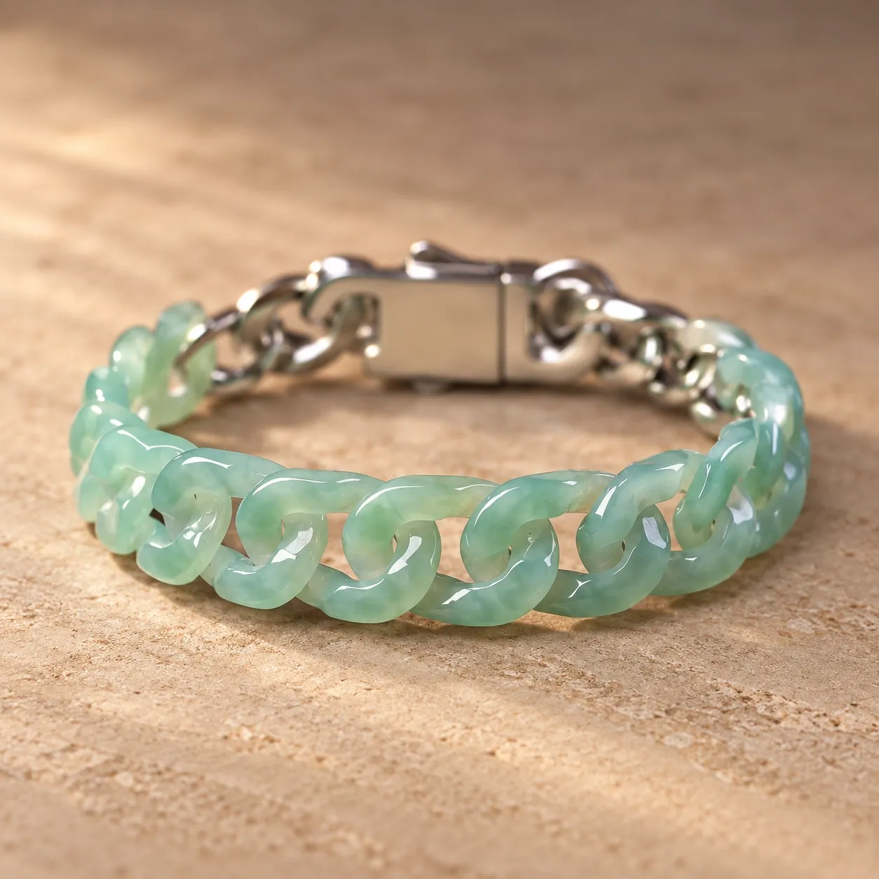 A curb chain bracelet of pale green jade links with a silver-plated clasp