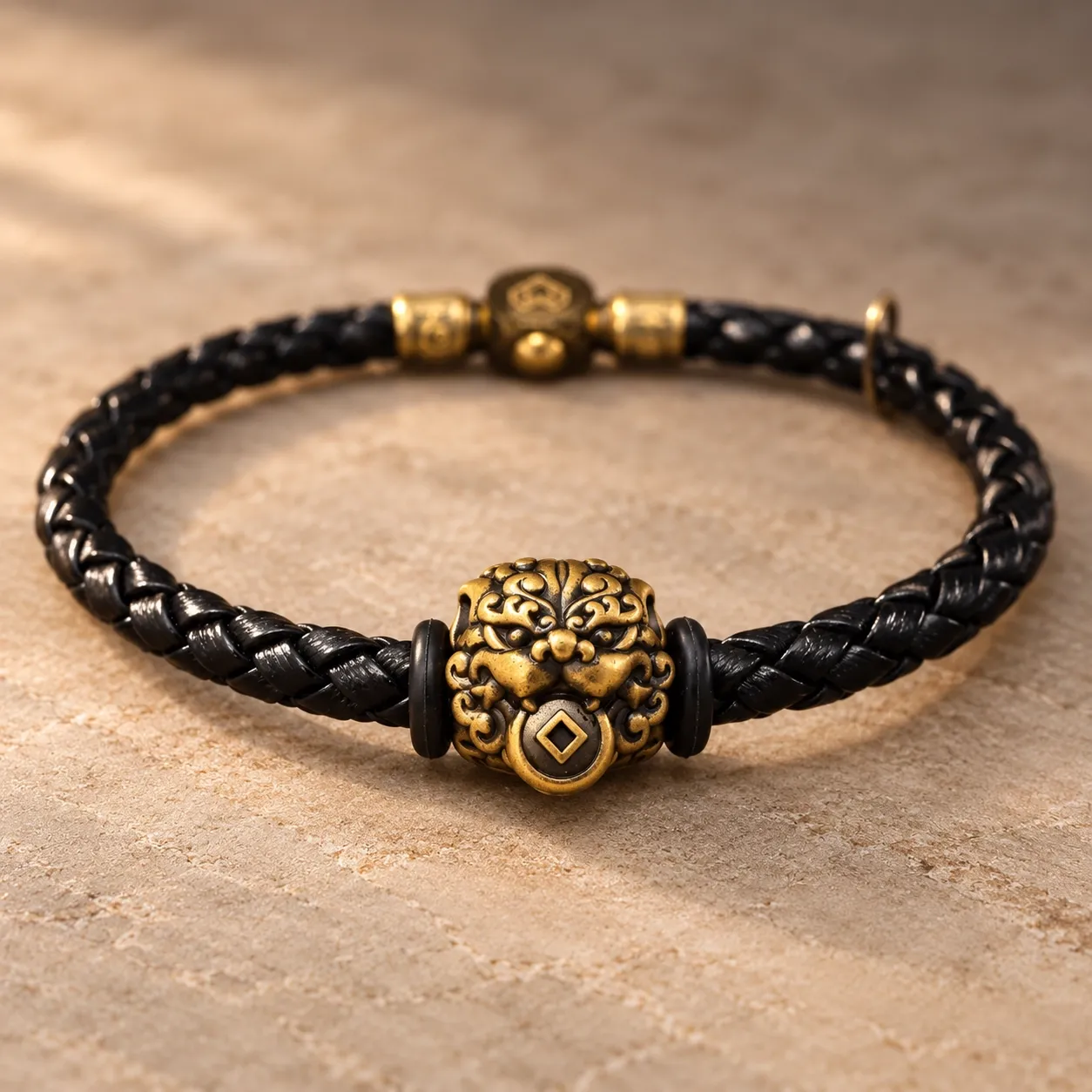 A braided black leather bracelet with a gold-plated pixiu bead