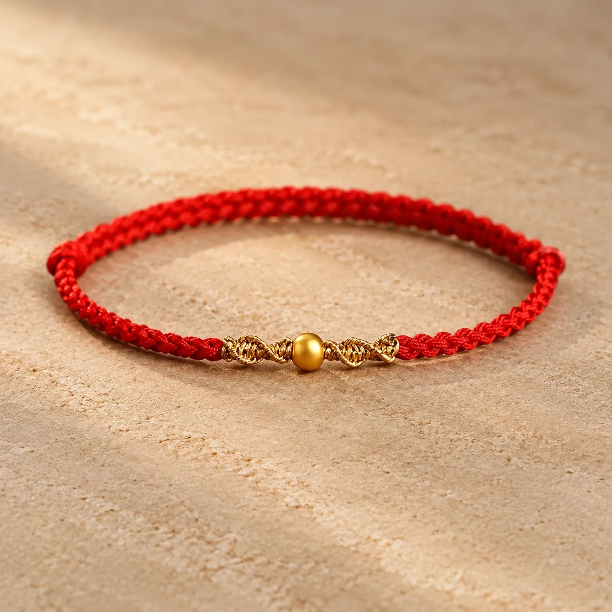 A fine braided red string bracelet with small gold-plated beads