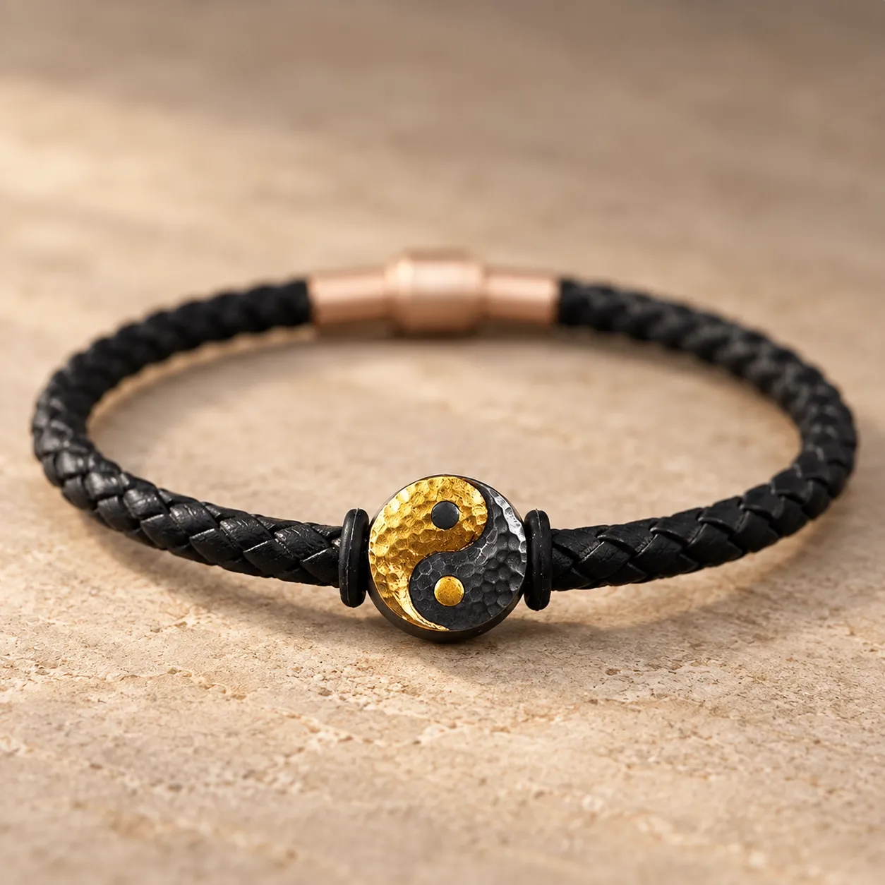 A braided black leather bracelet with a gold-plated and black yin-yang bead