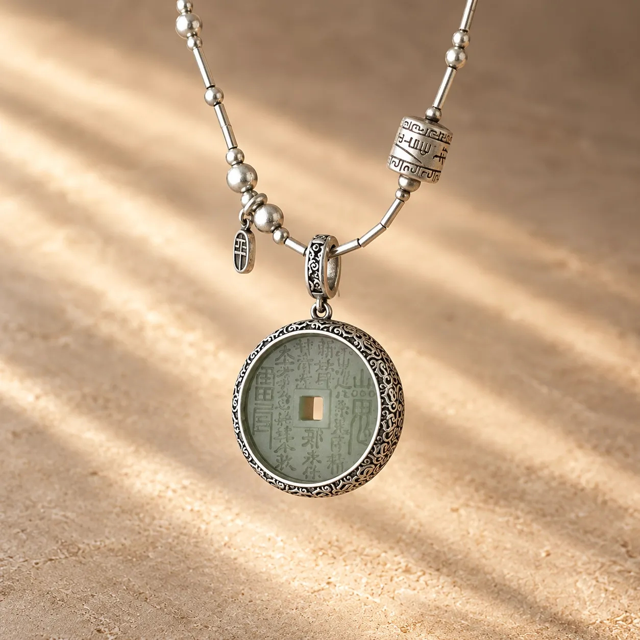 A round grey-green jade coin pendant in an ornate silver-plated frame