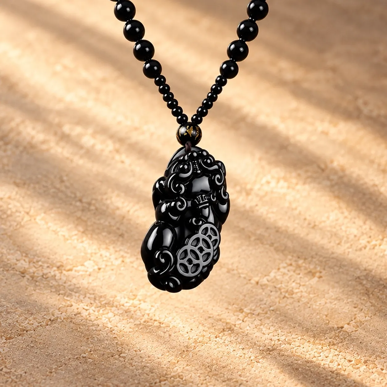 A carved black pixiu pendant on a strand of black beads