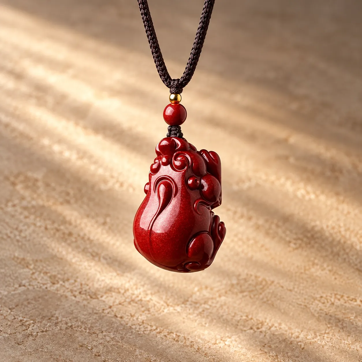 A carved deep-red pixiu pendant on a dark cord