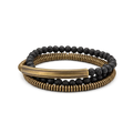 Triple wrap bracelet of copper heishi beads, black lava beads and a curved copper tube bar, white background