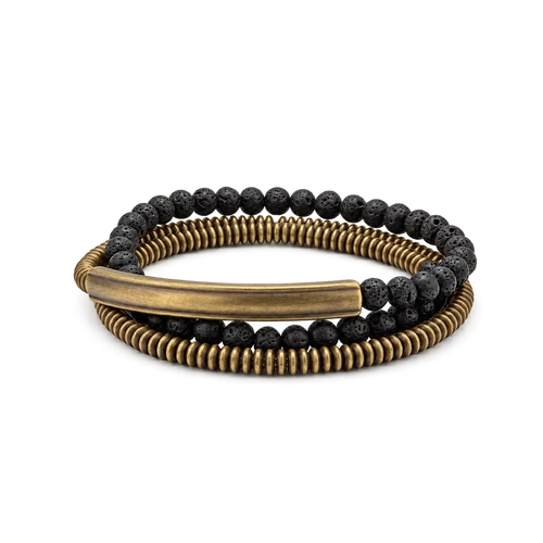 Triple wrap bracelet of copper heishi beads, black lava beads and a curved copper tube bar, white background