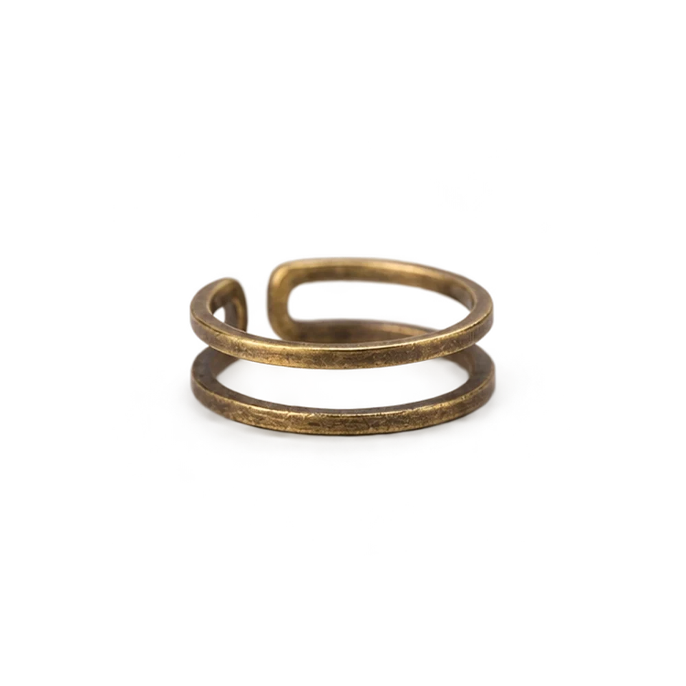 Minimalist double band copper ring with an open adjustable back, white background