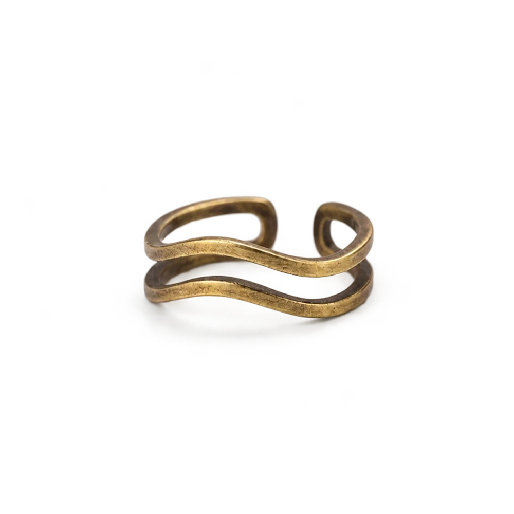 Double wave copper ring with two parallel wavy bands, adjustable, white background