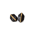 Pair of faceted ebony wood stud earrings with a diagonal copper inlay, white background