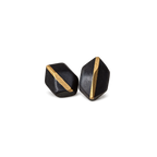 Pair of faceted ebony wood stud earrings with a diagonal copper inlay, white background