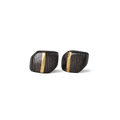 Pair of square ebony wood stud earrings with a vertical copper inlay stripe, white background