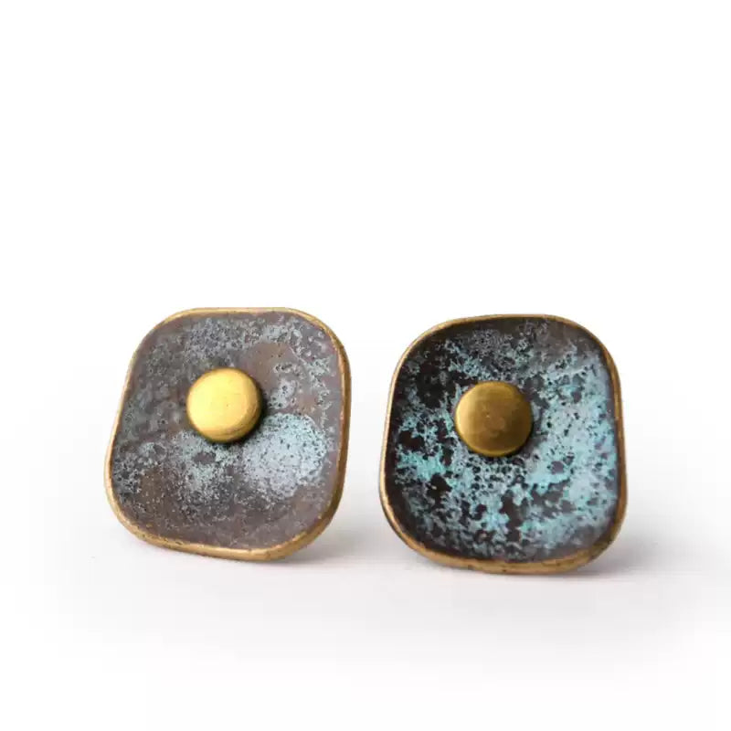 Square copper stud earrings with blue-green verdigris patina and center dot