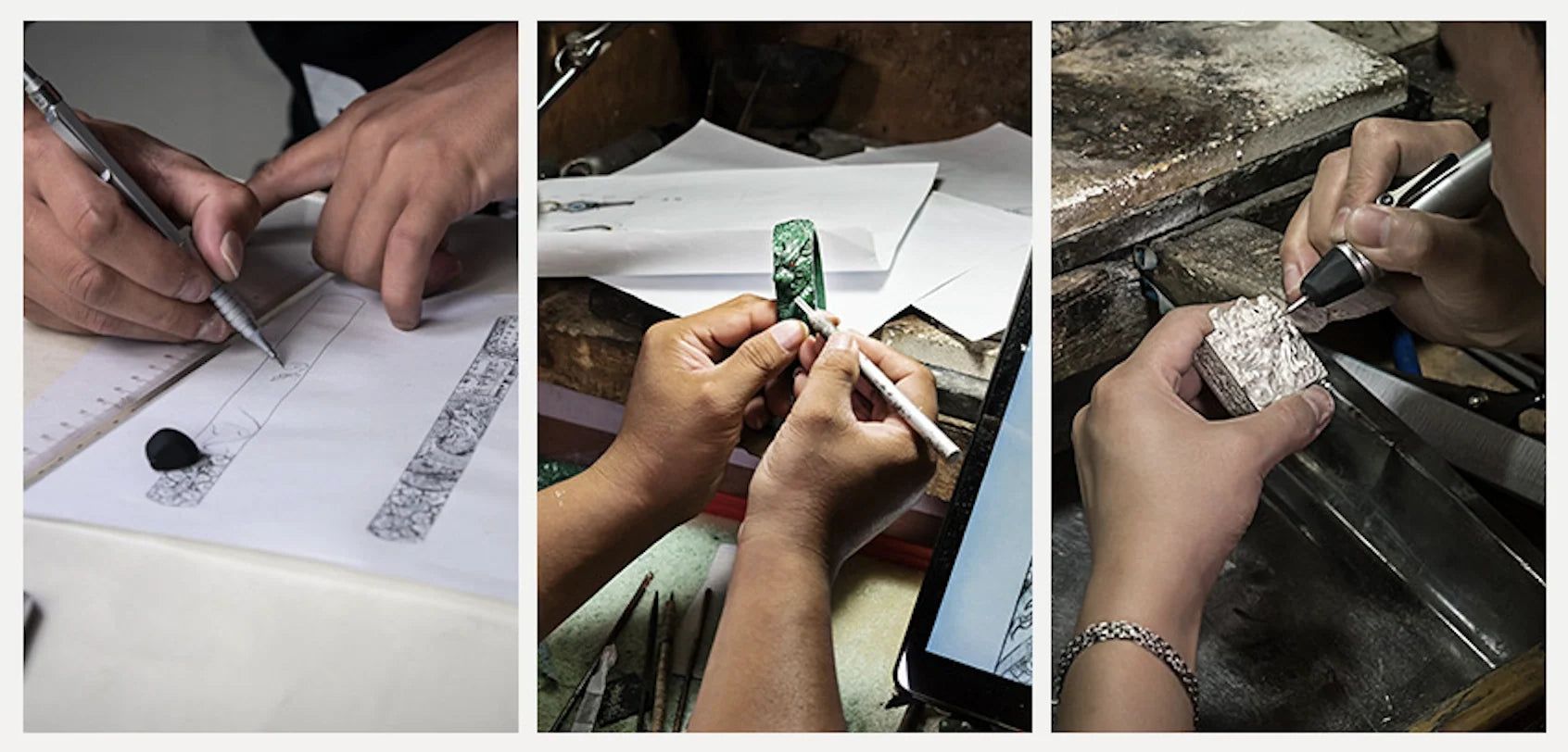 Artisans sketching, carving and engraving handmade jewelry at their workbench
