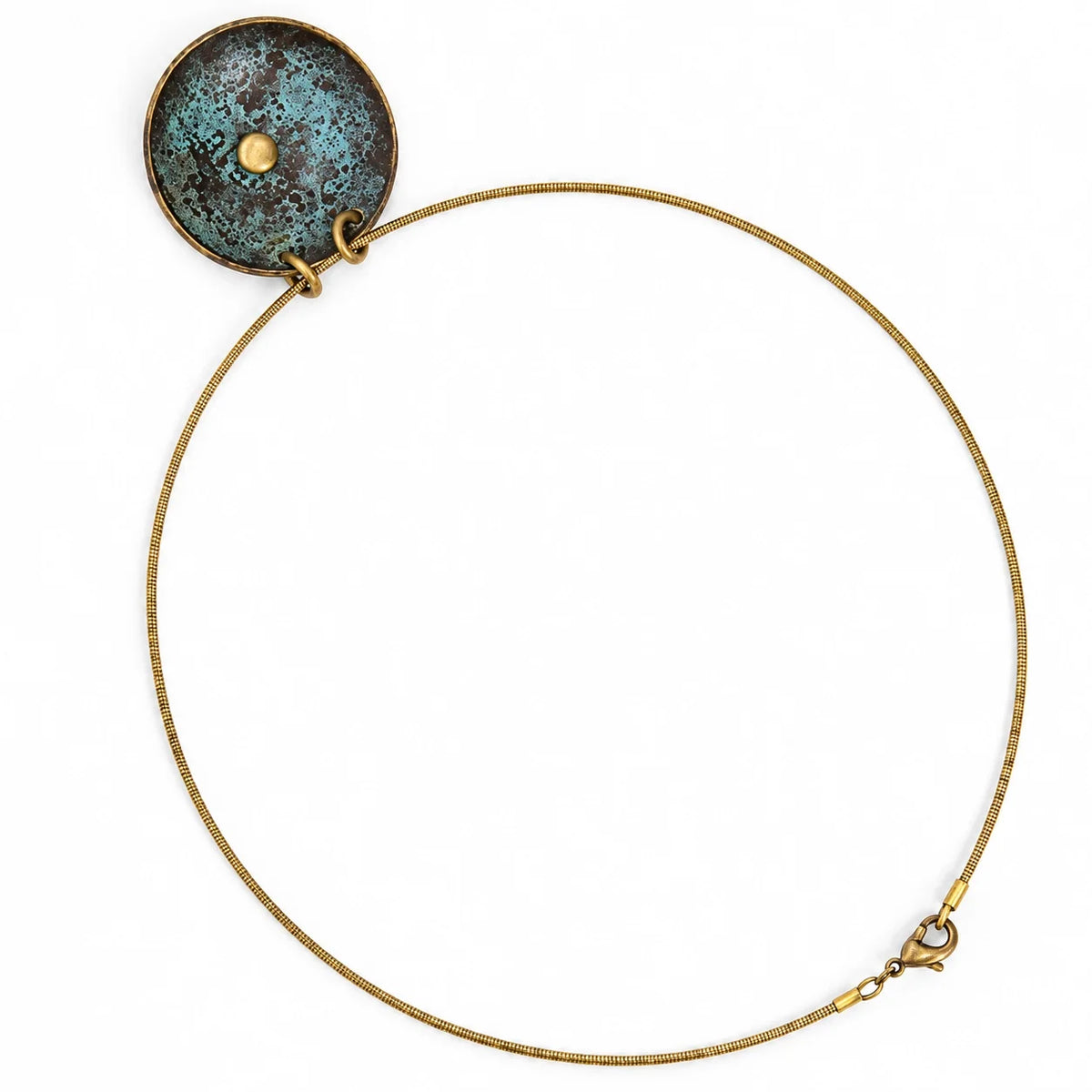 Full view of the copper collar necklace with clasp and patina disc pendant
