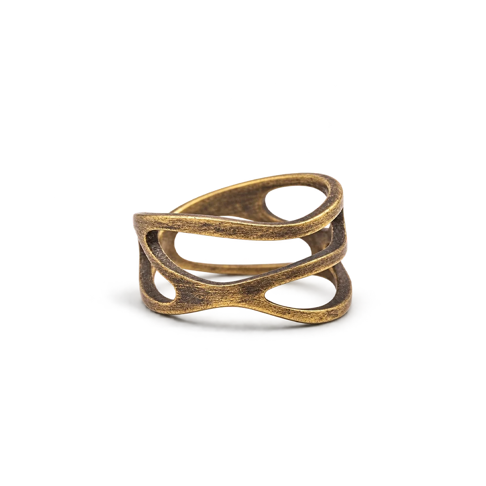 Copper ring with a wavy double band and teardrop cutouts, white background