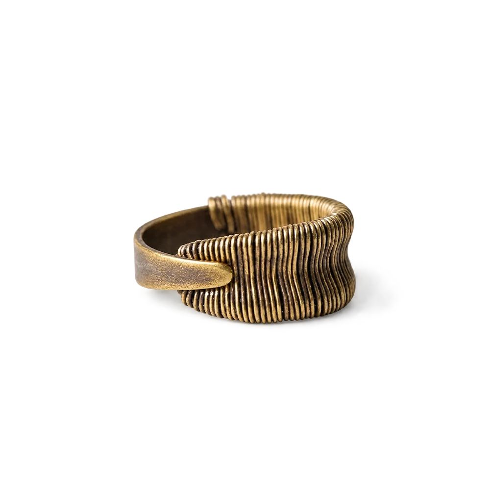 Wide copper ring wrapped in fine copper wire with a smooth crossover band, white background